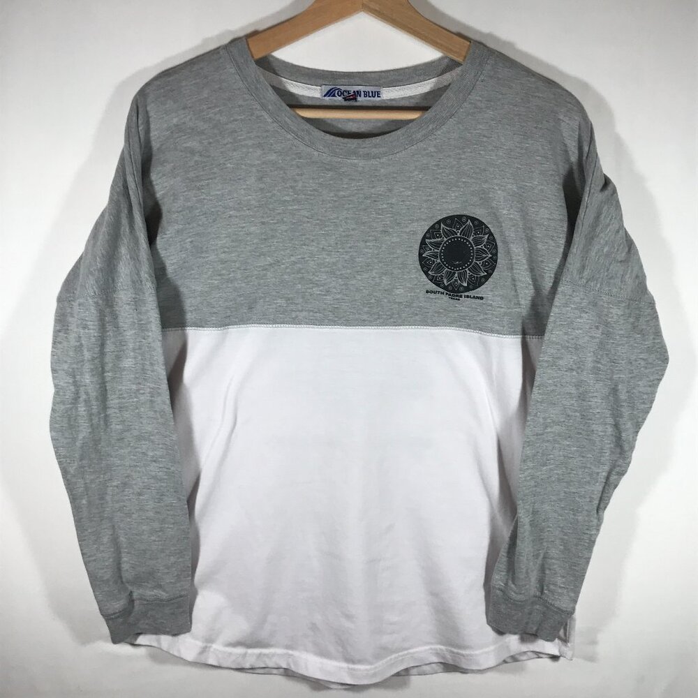 Ocean Blue Adult Unisex Medium Gray White Long Sleeve Curved Hem Shirt